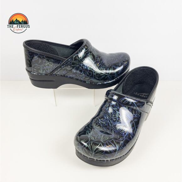 Dansko Professional Patent Clog Black Tropical Leaf Print Nurse Womens Size 9.5 - Picture 1 of 16